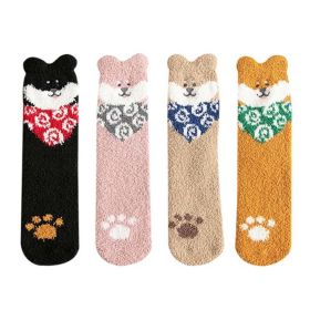 4 Pairs Coral Fleece Socks Women's Winter Cute Dog Mid-calf socks Home Sleep Floor Socks,Black Pink Khaki Yellow