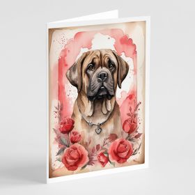 Mastiff Valentine Roses Greeting Cards Pack of 8 Blank Cards with Envelopes Whimsical A7 Size 5x7 Blank Note Cards