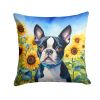 Boston Terrier in Sunflowers Throw Pillow Machine Washable, Indoor Outdoor Decorative Pillow for Couch, Bed or Patio, 14Hx14W