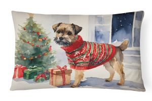 Waiting on Christmas Throw Pillow Throw Pillow for Indoor Couch Bed Outdoor Patio Washable, Border Terrier 1274,12Hx16W