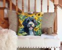 Portuguese Water Dog in Sunflowers Throw Pillow Machine Washable, Indoor Outdoor Decorative Pillow for Couch, Bed or Patio, 14Hx14W