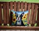 Boston Terrier in Sunflowers Throw Pillow Machine Washable, Indoor Outdoor Decorative Pillow for Couch, Bed or Patio, 14Hx14W